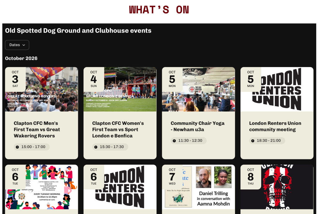 New events calendar covering what’s on at the Old Spotted Dog Ground