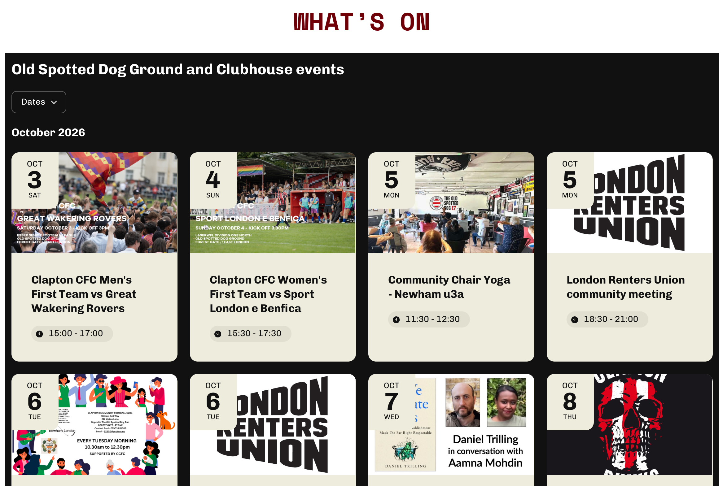 New events calendar covering what’s on at the Old Spotted Dog Ground